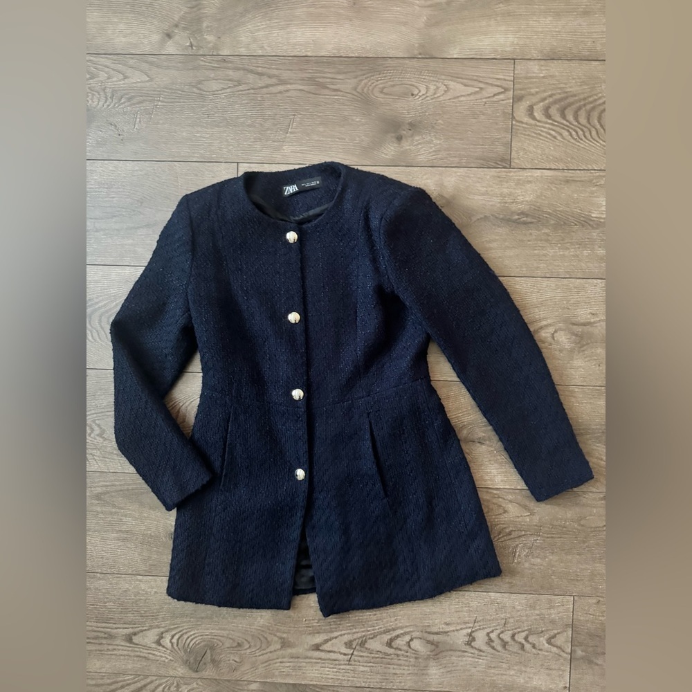 ZARA NWT LONG NAVY BLUE STRUCTURED BLAZER, Size L - Picture 7 of 14